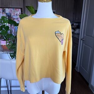 Yellow Waffle-Knit Heart Ice Cream Graphic Long-Sleeve Top. Cropped.